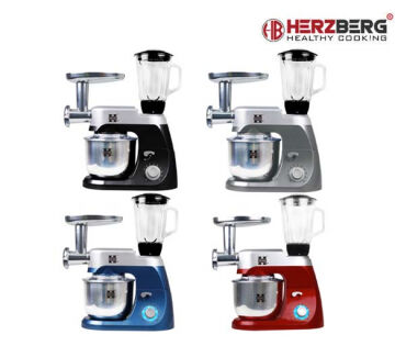 De Herzberg Keukenmachine 3 in 1 is verkrijgbaar in de kleuren zwart, grijs, blauw en rood.